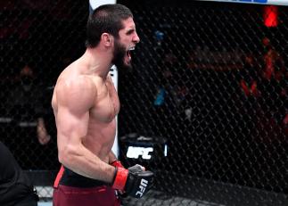 Islam Makhachev reacts after his submission victory over Drew Dober in their lightweight fight during the UFC 259 event at UFC APEX on March 06, 2021 in Las Vegas, Nevada. (Photo by Jeff Bottari/Zuffa LLC)