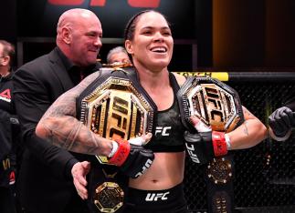 Amanda Nunes of Brazil reacts after her victory over Megan Anderson of Australia in their UFC featherweight championship fight during the UFC 259 event at UFC APEX on March 06, 2021 in Las Vegas, Nevada. (Photo by Jeff Bottari/Zuffa LLC)
