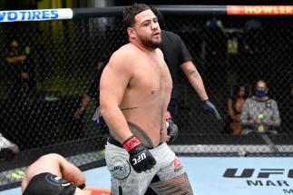 Tai Tuivasa of Australia reacts after his victory over Harry Hunsucker in their heavyweight fight during the UFC Fight Night event at UFC APEX on March 20, 2021 in Las Vegas, Nevada. (Photo by Chris Unger/Zuffa LLC)