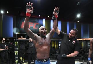 Derek Brunson reacts after his unanimous-decision victory over Kevin Holland in their middleweight fight during the UFC Fight Night event at UFC APEX on March 20, 2021 in Las Vegas, Nevada. (Photo by Chris Unger/Zuffa LLC)