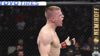 Grant Dawson reacts after submitting Darrick Minner in their featherweight bout during the UFC Fight Night event at Chartway Arena on February 29, 2020 in Norfolk, Virginia. (Photo by Josh Hedges/Zuffa LLC)