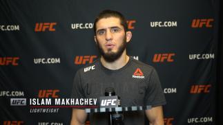 Islam Makhachev reacts with UFC.com after his third-round submission victory over lightweight Drew Dober at UFC 259: Blachowicz vs Adesanya on March 6, 2021.