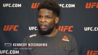 Kennedy Nzechukwu reacts with UFC.com after his second-round TKO victory over light heavyweight Carlos Ulberg at UFC 259: Blachowicz vs Adesanya on March 6, 2021.