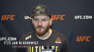 UFC light heavyweight champion Jan Blachowicz reacts with UFC.com after his unanimous decision victory over Israel Adesanya at UFC 259 on March 6, 2021.