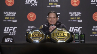 UFC Women's Bantamweight and Featherweight Champion Amanda Nunes Participates in a Post-fight Press Conference After Her Submission Victory At UFC 259 on March 6, 2021.