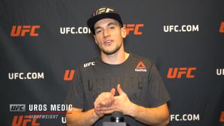 Uros Medic reacts with UFC.com after his first-round TKO victory over bantamweight Aalon Cruz at UFC 259: Blachowicz vs Adesanya on March 6, 2021.