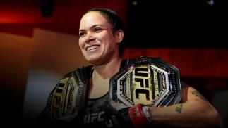 Amanda Nunes of Brazil reacts after her victory over Megan Anderson of Australia in their UFC featherweight championship fight during the UFC 259 event at UFC APEX on March 06, 2021 in Las Vegas, Nevada. (Photo by Chris Unger/Zuffa LLC)