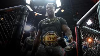 Francis Ngannou of Cameroon reacts after his victory over Stipe Miocic in their UFC heavyweight championship fight during the UFC 260 event at UFC APEX on March 27, 2021 in Las Vegas, Nevada. (Photo by Chris Unger/Zuffa LLC)