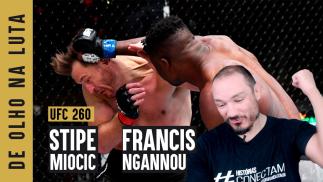 Francis Ngannou nocauteando Stipe Miocic em montagem para o De Olho na Luta, com Vitor Miranda