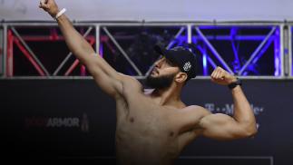 Dominick Reyes poses on the scale during the UFC 229 weigh-in inside T-Mobile Arena on October 5, 2018 in Las Vegas, Nevada. (Photo by Josh Hedges/Zuffa LLC/Zuffa LLC via Getty Images)