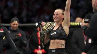 Valentina Shevchenko of Kyrgyzstan celebrates her TKO victory over Katlyn Chookagian in their women's flyweight championship bout during the UFC 247 event at Toyota Center on February 08, 2020 in Houston, Texas. (Photo by Cooper Neill/Zuffa LLC)
