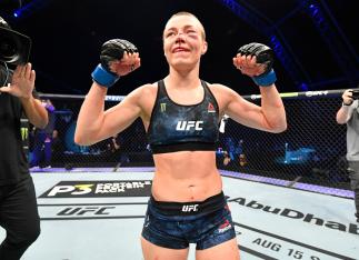 Rose Namajunas celebrates after her split-decision victory over Jessica Andrade of Brazil in their strawweight fight during the UFC 251 event at Flash Forum on UFC Fight Island on July 12, 2020 on Yas Island, Abu Dhabi, United Arab Emirates. (Photo by Jeff Bottari/Zuffa LLC)