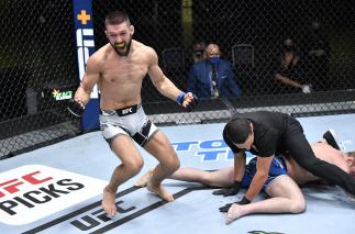 Mateusz Gamrot of Poland reacts after his knockout victory over Scott Holtzman in a lightweight fight during the UFC Fight Night event at UFC APEX on April 10, 2021 in Las Vegas, Nevada. (Photo by Chris Unger/Zuffa LLC)