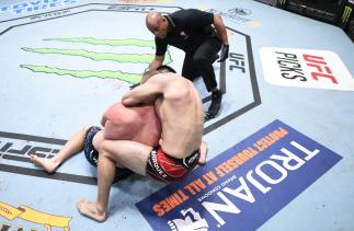 Julian Marquez secures a rear choke submission against Sam Alvey in a middleweight fight during the UFC Fight Night event at UFC APEX on April 10, 2021 in Las Vegas, Nevada. (Photo by Chris Unger/Zuffa LLC)