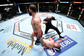 Julian Marquez reacts after his submission victory over Sam Alvey in a middleweight fight during the UFC Fight Night event at UFC APEX on April 10, 2021 in Las Vegas, Nevada. (Photo by Chris Unger/Zuffa LLC)