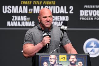 UFC President Dana White interacts with media during the UFC 261 press conference at VyStar Veterans Memorial Arena on April 22, 2021 in Jacksonville, Florida. (Photo by Josh Hedges/Zuffa LLC)