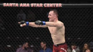 Merab Dvalishvili of Georgia reacts after the conclusion of his bantamweight bout against Casey Kenney during the UFC Fight Night event at Santa Ana Star Center on February 15, 2020 in Rio Rancho, New Mexico. (Photo by Josh Hedges/Zuffa LLC)