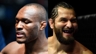 Colagem de fotos de Kamaru Usman e Jorge Masvidal antes do duelo no UFC 258.