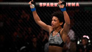 Angela Hill reacts after the conclusion of her strawweight bout against Loma Lookboonmee of Thailand during the UFC Fight Night event at Spark Arena on February 23, 2020 in Auckland, New Zealand. (Photo by Jeff Bottari/Zuffa LLC)