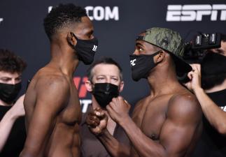 Neil Magny and Geoff Neal face off during the UFC weigh-in at UFC APEX on May 07, 2021 in Las Vegas, Nevada. (Photo by Chris Unger/Zuffa LLC)