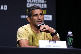 Beneil Dariush interacts with media during the UFC 262 press conference at George R. Brown Convention Center on May 13, 2021 in Houston, Texas. (Photo by Josh Hedges/Zuffa LLC)