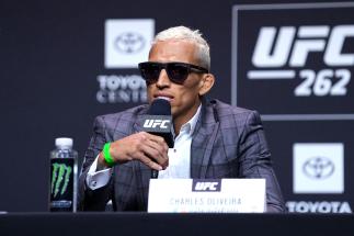 Charles Oliveira interacts with media during the UFC 262 press conference at George R. Brown Convention Center on May 13, 2021 in Houston, Texas. (Photo by Josh Hedges/Zuffa LLC)