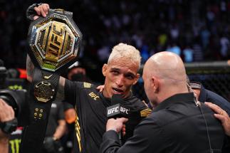Charles Oliveira of Brazil is interviewed after defeating Michael Chandler in their UFC lightweight championship bout at Toyota Center on May 15, 2021 in Houston, Texas. (Photo by Josh Hedges/Zuffa LLC)