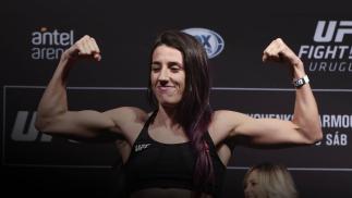 Marina Rodriguez poses on the scale during the UFC FIght Night official weigh-in at Antel Arena on August 9, 2019 in Montevideo, Uruguay. (Photo by Alexandre Schneider /Zuffa LLC/Zuffa LLC)