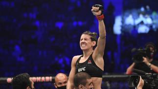 Marina Rodriguez of Brazil reacts after her knockout victory over Amanda Ribas of Brazil in a strawweight fight during the UFC 257 event inside Etihad Arena on UFC Fight Island on January 23, 2021 in Abu Dhabi, United Arab Emirates. (Photo by Jeff Bottari/Zuffa LLC)