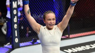 Michelle Waterson reacts after the conclusion of her strawweight fight against Carla Esparza during the UFC 249 event at VyStar Veterans Memorial Arena on May 09, 2020 in Jacksonville, Florida. (Photo by Jeff Bottari/Zuffa LLC)
