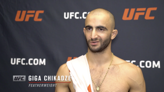 Giga Chikadze reacts with UFC.com after his TKO victory over UFC featherweight Cub Swanson at UFC Fight Night: Reyes vs Prochazka on May 1, 2021.