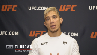 TJ Brown reacts with UFC.com after his split decision victory over UFC featherweight Kai Kamaka III at UFC Fight Night: Reyes vs Prochazka on May 1, 2021.