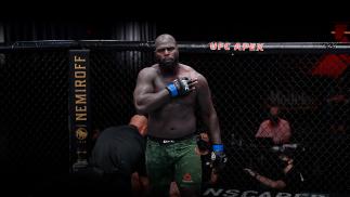 Jairzinho Rozenstruik of Suriname reacts after his knockout victory over Junior Dos Santos of Brazil in their heavyweight bout during the UFC 252 event at UFC APEX on August 15, 2020 in Las Vegas, Nevada. (Photo by Jeff Bottari/Zuffa LLC)