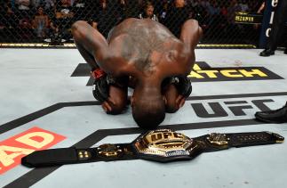 Israel Adesanya of Nigeria reacts after his victory over Marvin Vettori of Italy in their UFC middleweight championship fight during the UFC 263 event at Gila River Arena on June 12, 2021 in Glendale, Arizona. (Photo by Jeff Bottari/Zuffa LLC)