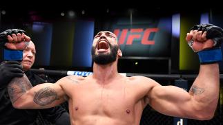 Bruno Silva of Brazil reacts after his TKO victory over Wellington Turman of Brazil in a middleweight bout during the UFC Fight Night event at UFC APEX on June 19, 2021 in Las Vegas, Nevada. (Photo by Chris Unger/Zuffa LLC)