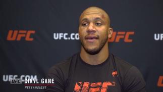 Ciryl Gane reacts with UFC.com after his unanimous decision victory over heavyweight Alexander Volkov at UFC Fight Night: Gane vs Volkov on June 26, 2021.