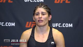 Julia Avila reacts with UFC.com after her submission victory over bantamweight Julija Stoliarenko at UFC Fight Night: Gane vs Volkov on June 26, 2021.