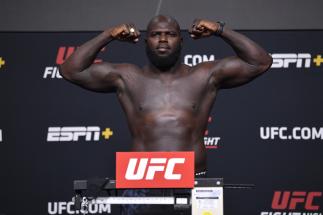 Jairzinho Rozenstruik of Suriname poses on the scale during the UFC Fight Night weigh-in at UFC APEX on June 04, 2021 in Las Vegas, Nevada. (Photo by Jeff Bottari/Zuffa LLC)