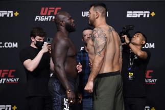 Jairzinho Rozenstruik of Suriname and Augusto Sakai of Brazil face off during the UFC Fight Night weigh-in at UFC APEX on June 04, 2021 in Las Vegas, Nevada. (Photo by Jeff Bottari/Zuffa LLC)
