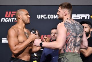Ciryl Gane of France and Alexander Volkov of Russia face off during the UFC weigh-in at UFC APEX on June 25, 2021 in Las Vegas, Nevada. (Photo by Chris Unger/Zuffa LLC)