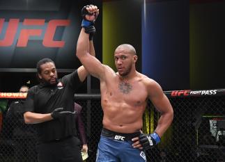 Ciryl Gane of France reacts after his victory over Jairzinho Rozenstruik of Suriname in a heavyweight bout during the UFC Fight Night event at UFC APEX on February 27, 2021 in Las Vegas, Nevada. (Photo by Jeff Bottari/Zuffa LLC)