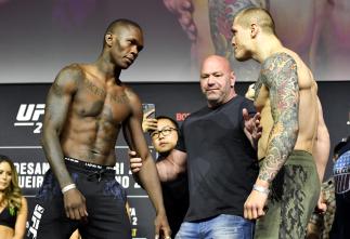 Israel Adesanya of Nigeria and Marvin Vettori of Italy face off during the UFC 263 ceremonial weigh-in at Gila River Arena on June 11, 2021 in Glendale, Arizona. (Photo by Mike Roach/Zuffa LLC)