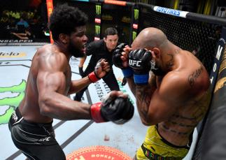 Kennedy Nzechukwu of Nigeria punches Danilo Marques of Brazil in a light heavyweight fight during the UFC Fight Night event at UFC APEX on June 26, 2021 in Las Vegas, Nevada. (Photo by Chris Unger/Zuffa LLC)