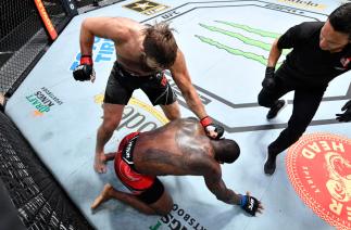 Tanner Boser of Canada punches Ovince Saint Preux in a heavyweight fight during the UFC Fight Night event at UFC APEX on June 26, 2021 in Las Vegas, Nevada. (Photo by Chris Unger/Zuffa LLC)