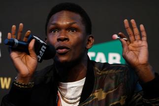 Israel Adesanya speaks during a UFC Australia press conference at Federation Square on August 15, 2019 in Melbourne, Australia. (Photo by Daniel Pockett/Zuffa LLC)