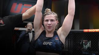 Miranda Maverick reacts after her victory over Gillian Robertson in their lightweight fight during the UFC 260 event at UFC APEX on March 27, 2021 in Las Vegas, Nevada. (Photo by Jeff Bottari/Zuffa LLC)
