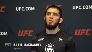Islam Makhachev reacts with UFC.com after his submission victory over lightweight Thiago Moises at UFC Fight Night: Makhachev vs Moises on July 17, 2021.