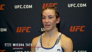 Miesha Tate reacts with UFC.com after her TKO victory over bantamweight Marion Reneau at UFC Fight Night: Makhachev vs Moises on July 17, 2021.