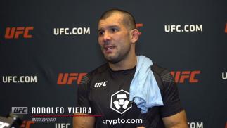 Rodolfo Vieira reacts with UFC.com after his submission victory over middleweight Dustin Stoltzfus at UFC Fight Night: Makhachev vs Moises on July 17, 2021.