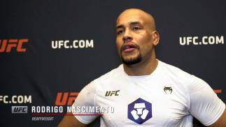 Rodrigo Nascimento reacts with UFC.com after his TKO victory over heavyweight Alan Baudot at UFC Fight Night: Makhachev vs Moises on July 17, 2021.